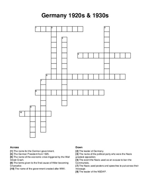 Germany 1920s & 1930s Crossword Puzzle