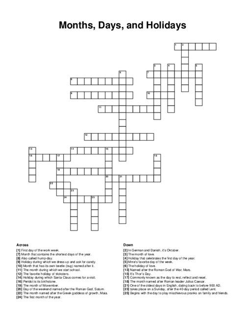 Months, Days, and Holidays Crossword Puzzle
