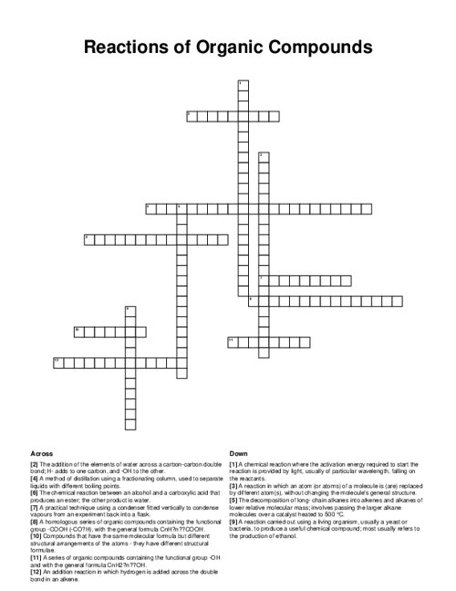 Reactions of Organic Compounds Crossword Puzzle