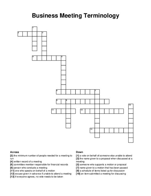 Business Meeting Terminology Crossword Puzzle