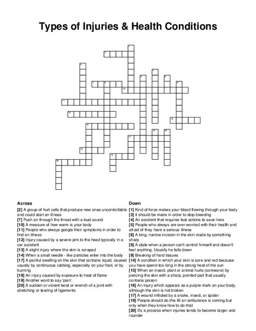 Types of Injuries & Health Conditions Crossword Puzzle