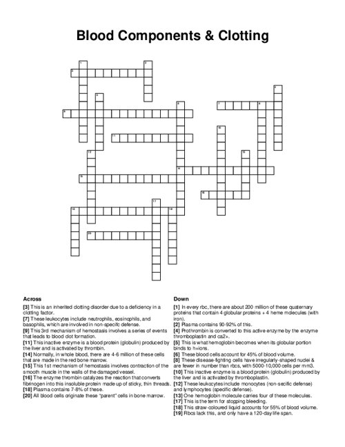 Blood Components & Clotting Crossword Puzzle