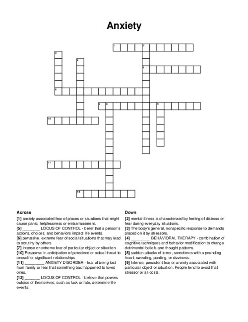 Anxiety Crossword Puzzle