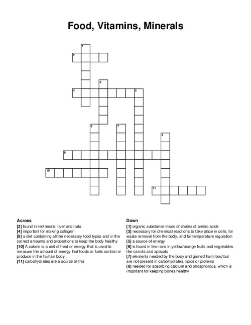 Food, Vitamins, Minerals Crossword Puzzle