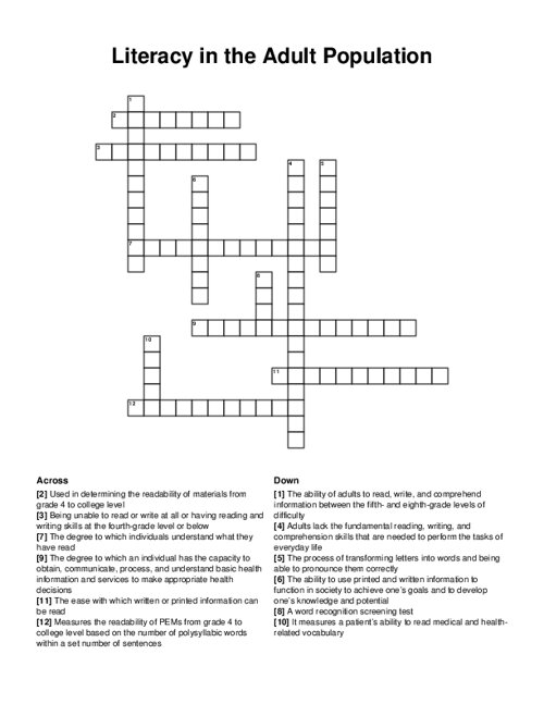 Literacy in the Adult Population Crossword Puzzle