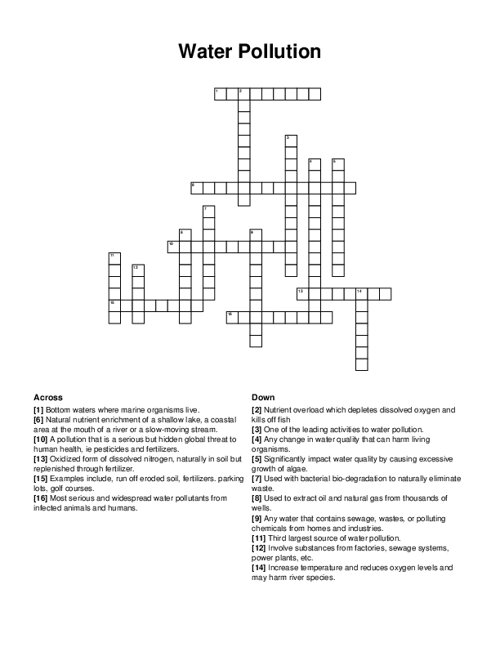 Water Pollution Crossword Puzzle