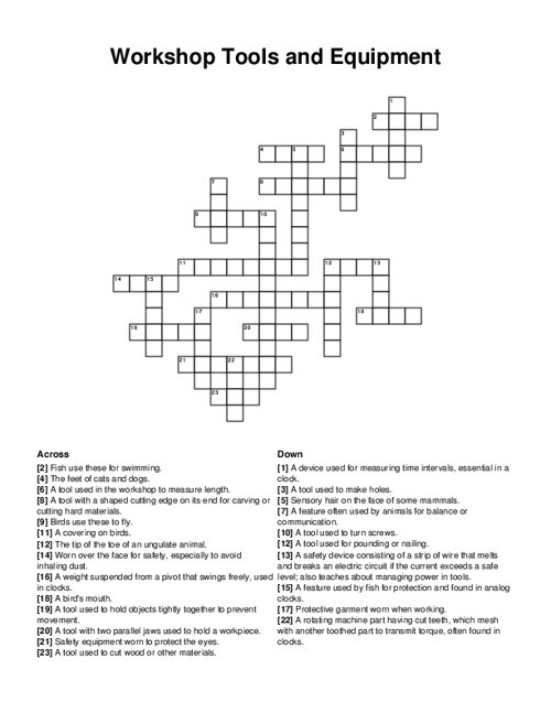 Workshop Tools and Equipment Crossword Puzzle