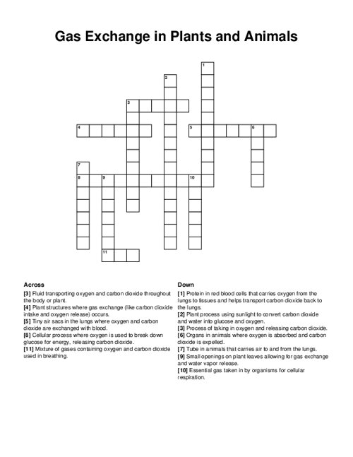 Gas Exchange in Plants and Animals Crossword Puzzle