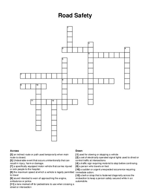Road Safety Crossword Puzzle