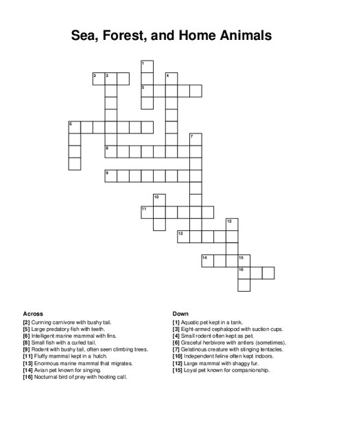 Sea, Forest, and Home Animals Crossword Puzzle