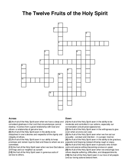 The Twelve Fruits of the Holy Spirit Crossword Puzzle