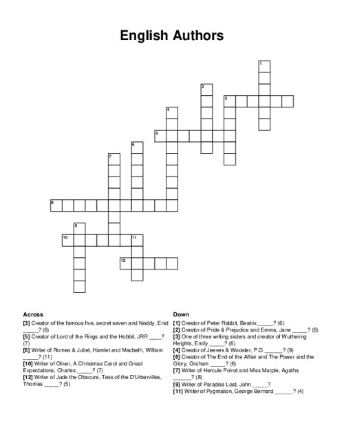 English Authors Crossword Puzzle