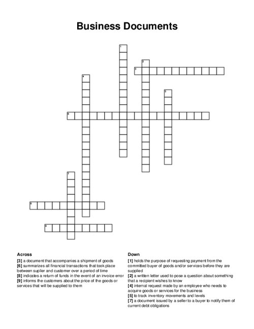Business Documents Crossword Puzzle