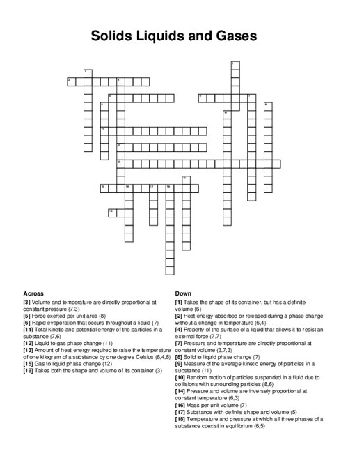 Solids Liquids and Gases Crossword Puzzle