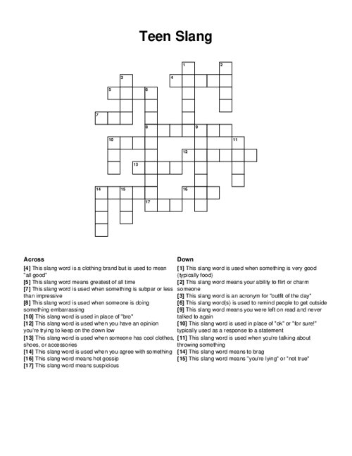 Teen Slang Crossword Puzzle