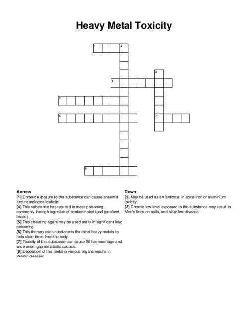 Heavy Metal Toxicity Crossword Puzzle