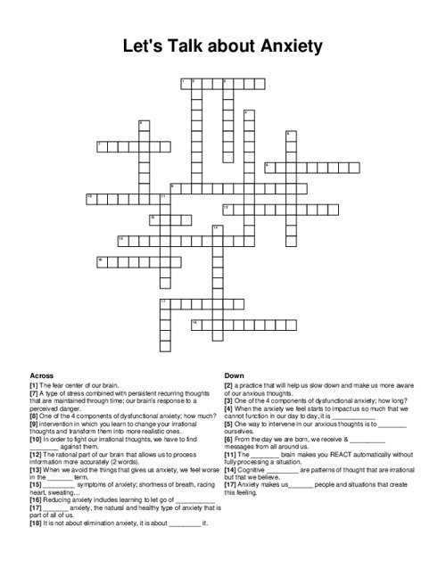 Lets Talk about Anxiety Crossword Puzzle