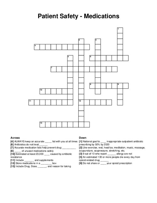 Patient Safety - Medications Crossword Puzzle