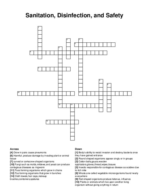 Sanitation, Disinfection, and Safety Crossword Puzzle