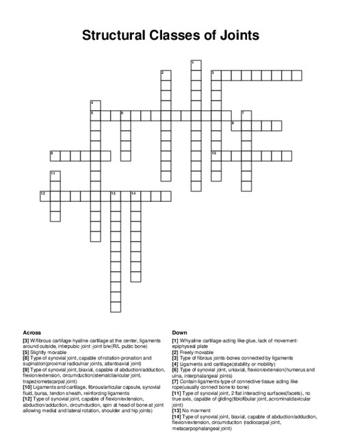 Structural Classes of Joints Crossword Puzzle