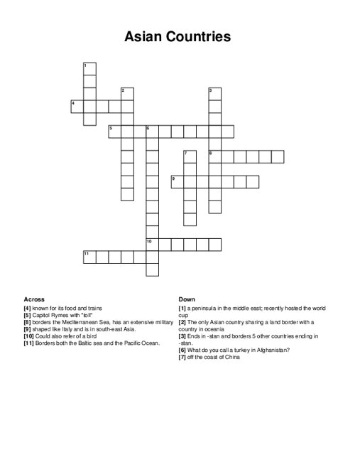 Asian Countries Crossword Puzzle