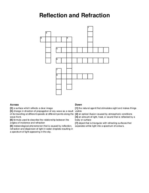 Reflection and Refraction Crossword Puzzle