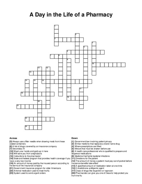 A Day in the Life of a Pharmacy Crossword Puzzle