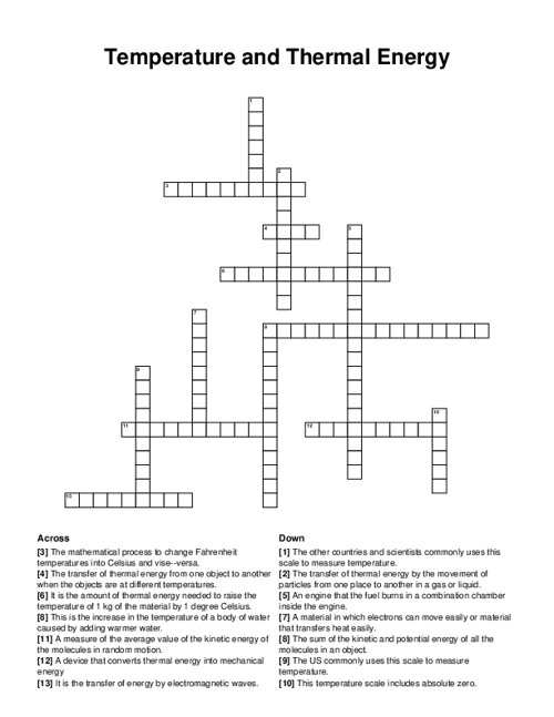 Temperature and Thermal Energy Crossword Puzzle