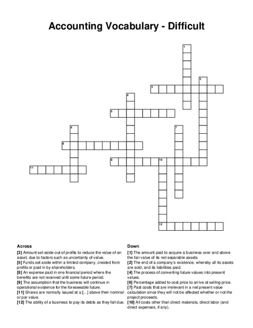 Accounting Vocabulary - Difficult Crossword Puzzle
