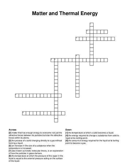 Matter and Thermal Energy Crossword Puzzle