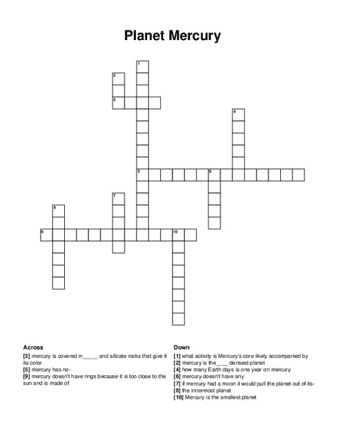 Planet Mercury Crossword Puzzle