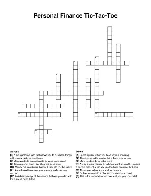 Personal Finance Tic-Tac-Toe Crossword Puzzle