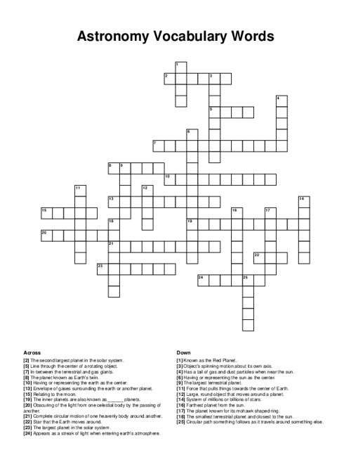 Astronomy Vocabulary Words Crossword Puzzle