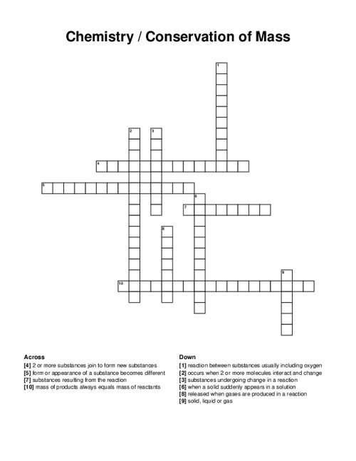 Chemistry / Conservation of Mass Crossword Puzzle