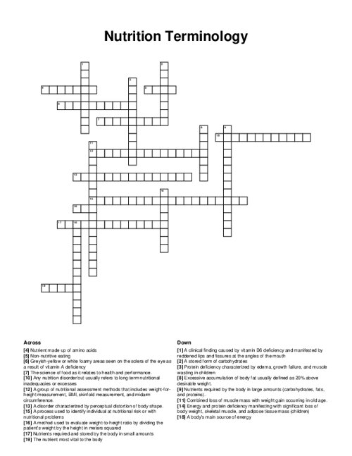 Nutrition Terminology Crossword Puzzle