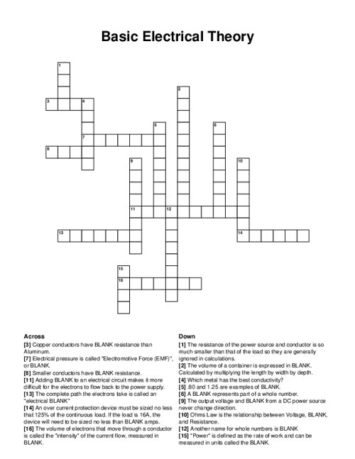 Basic Electrical Theory Crossword Puzzle