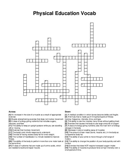 Physical Education Vocab Crossword Puzzle