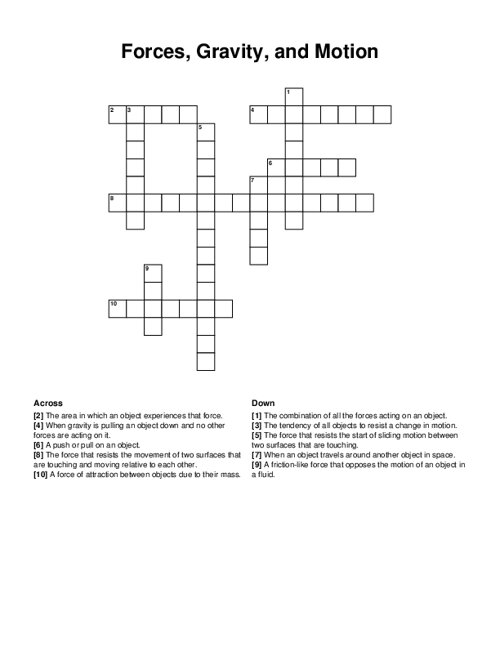 Forces, Gravity, and Motion Crossword Puzzle