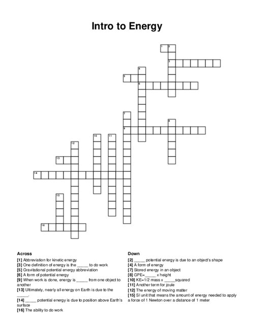 Intro to Energy Crossword Puzzle