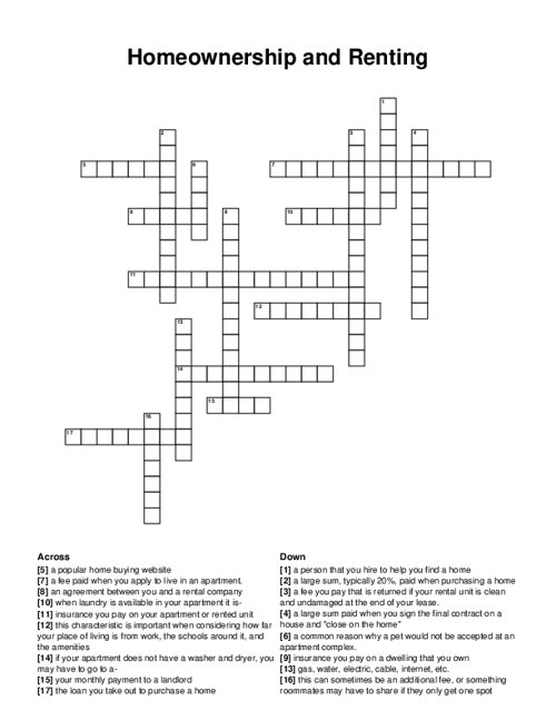 Homeownership and Renting Crossword Puzzle