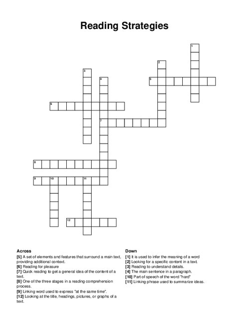 Reading Strategies Crossword Puzzle