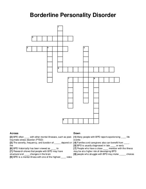 Borderline Personality Disorder Crossword Puzzle