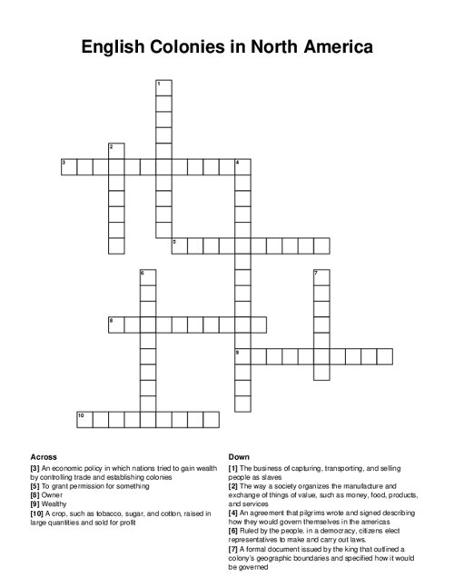 English Colonies in North America Crossword Puzzle