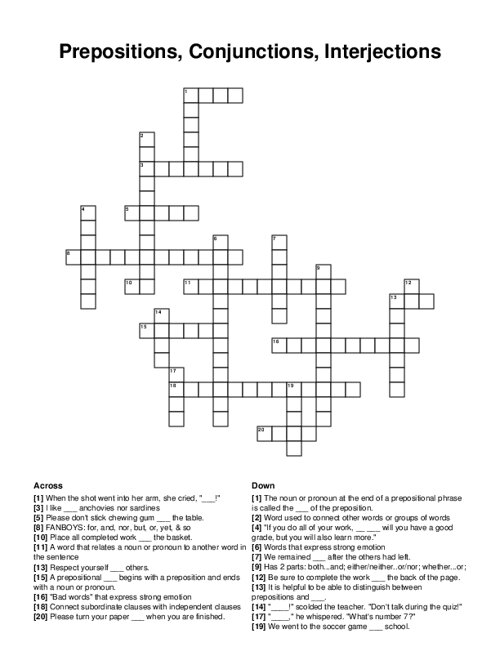 Prepositions, Conjunctions, Interjections Crossword Puzzle