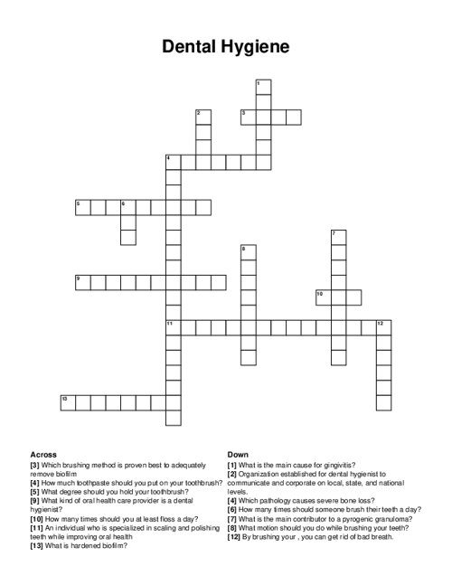 Dental Hygiene Crossword Puzzle