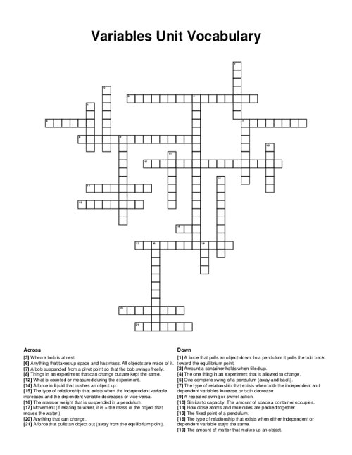 Variables Unit Vocabulary Crossword Puzzle