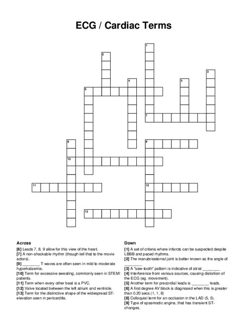 ECG / Cardiac Terms Crossword Puzzle