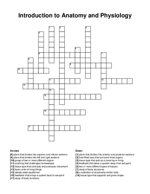 Introduction to Anatomy and Physiology Crossword Puzzle