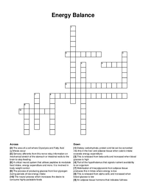 Energy Balance Crossword Puzzle