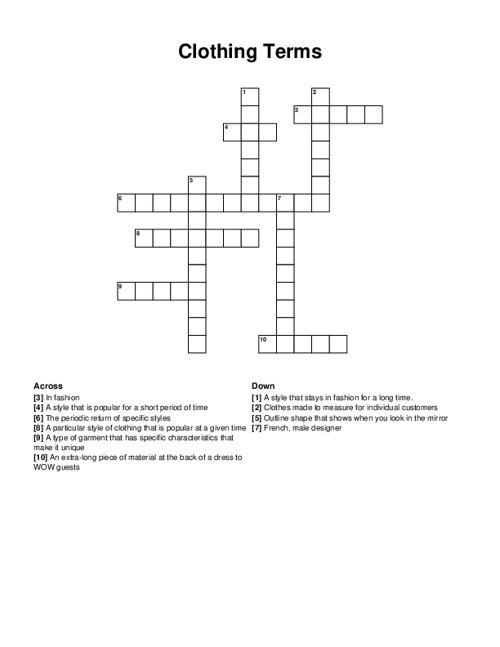 Clothing Terms Crossword Puzzle